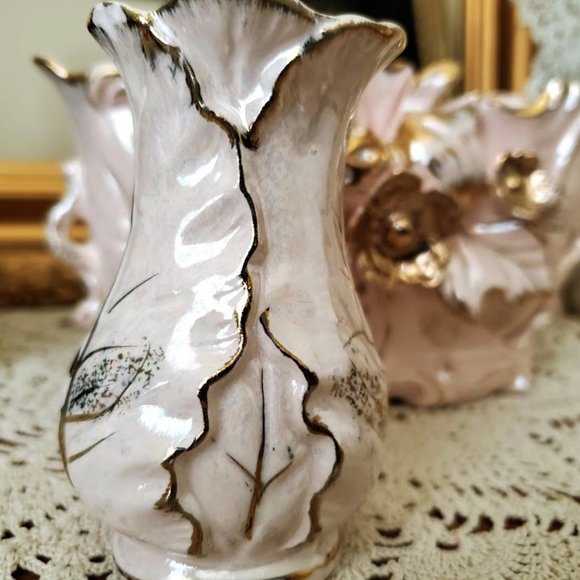 Vintage MCM Betson Pottery Hand Painted Planter & Taper Candle Holders Pink/Gold - Picture 12 of 16